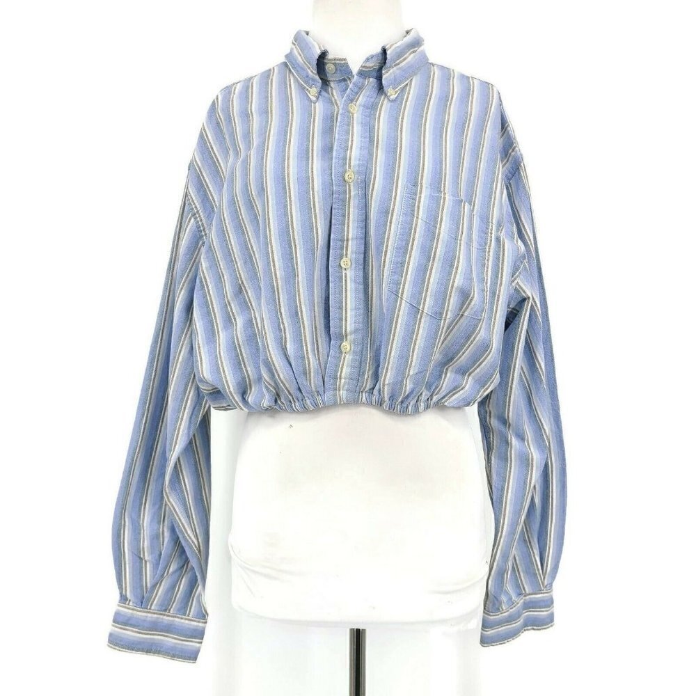 New Furst of A Kind Blouse Womens One Size Cropped Blue Striped Top Long Sleeve